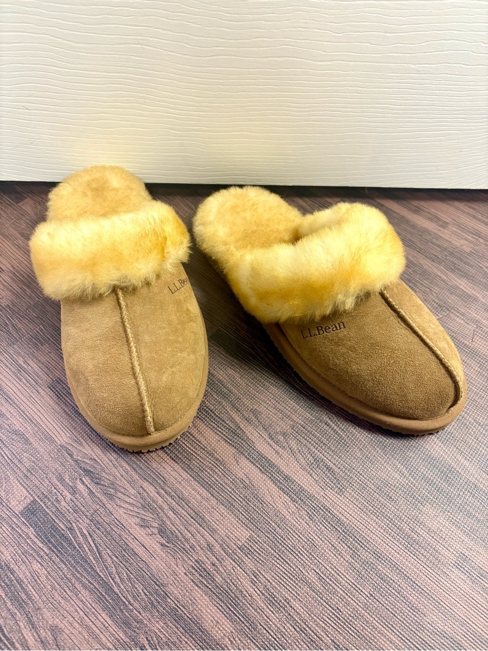 L.L. Bean Women's Chestnut Suede Slippers with Golden Shearling Trim